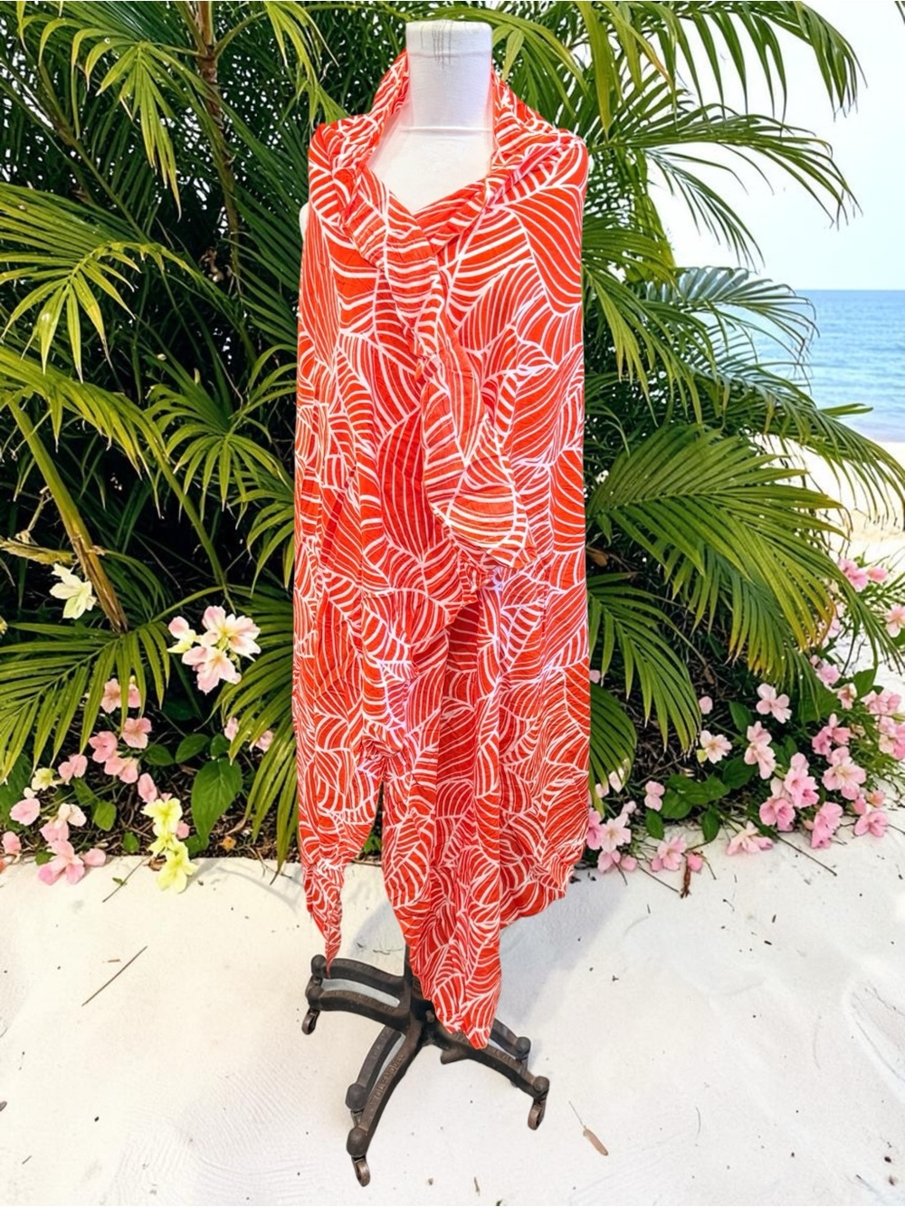 HAMAKUA Womens Leaf Print Swim Cover-Up Pareau Sarong Wrap Lava Lava Orange